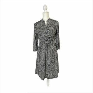 Robert Louis Shirt Dress Black Geometric Stretch Notch Neck 3/4 Sleeve Sz small